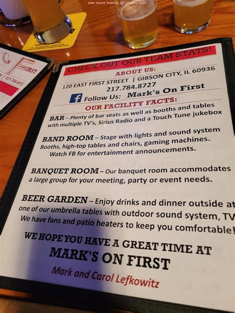 Menu at Mark's On First pub & bar, Gibson City