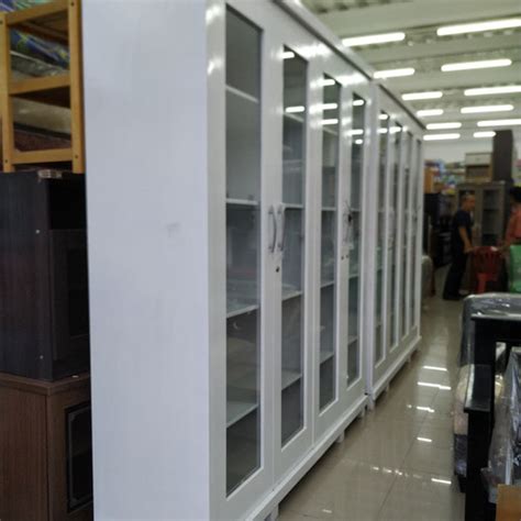 Jual lemari buku kaca duco putih 2 pintu kayu blokteak 15mm rak buku ...