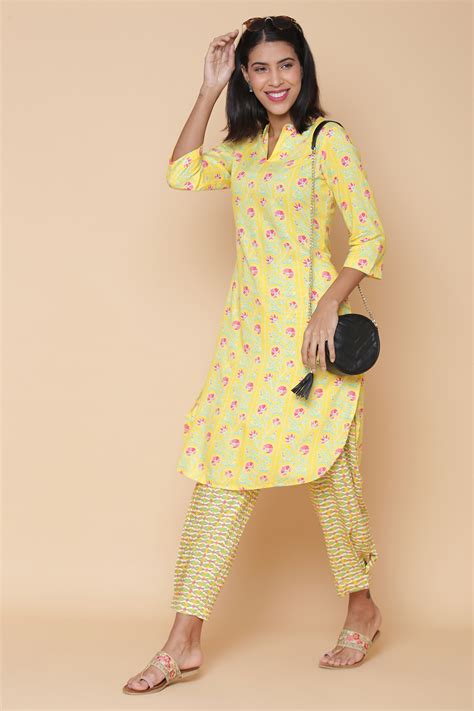 Yellow Rayon Straight Kurta Pants Set at Biba India