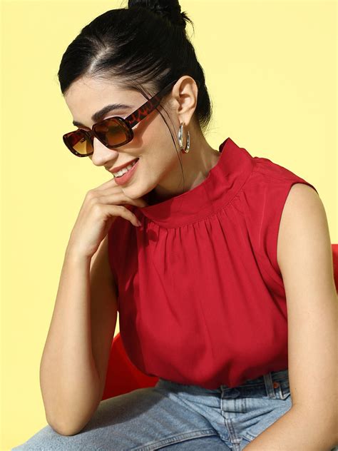 Women Solid Red High-Neck Sleeveless Back Tie-Up Crepe Cinched Waist ...