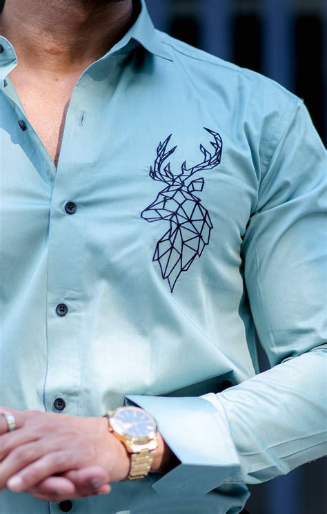 Deer Embroidered Cyan Golden Premium Shirt – The Foomer