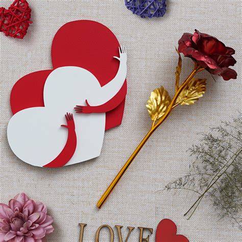 Valentine Combo of Golden Red Rose Gift Set, Red and White Heart Huggi ...