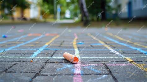 Colorful chalk drawings on pavement with piece lying ground | Premium ...