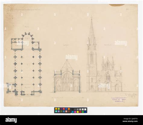 Project for a new Catholic parish church in Dortmund, floor plan, cross ...