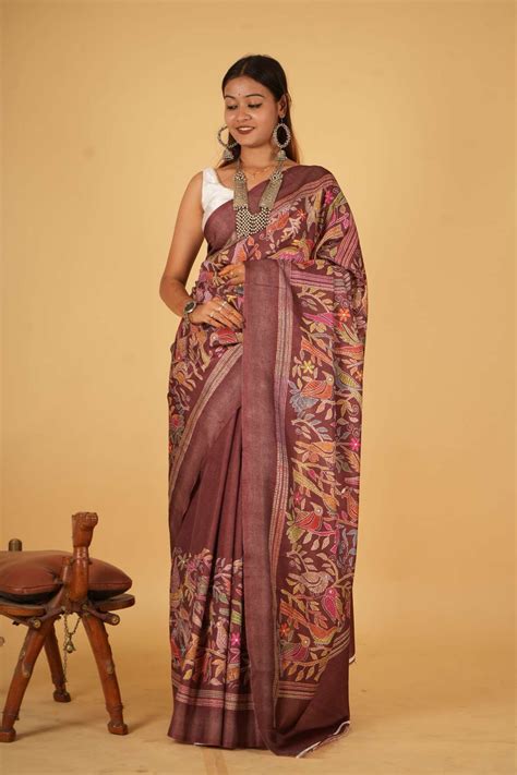 Soft Art Silk With Madhubani Kantha Print Ready To Wear Saree