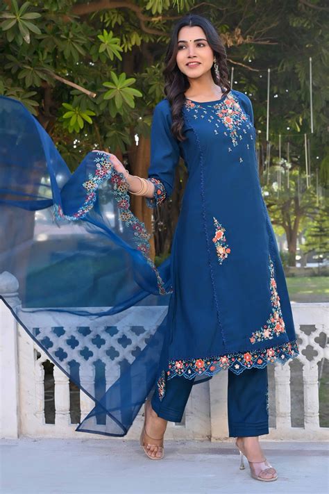 Navy Blue Floral Embroidery Handwork Viscose Salwar Suit
