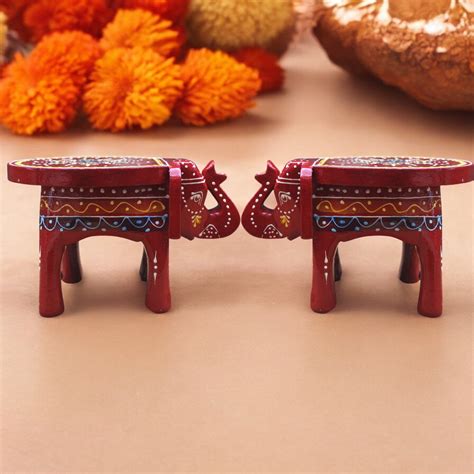 Wooden Hand Painted Small Elephant Stool - Red – Oxyroots Handicraft