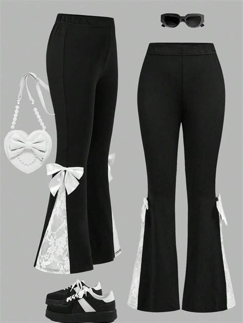 SHEIN Tween Girl Pants With Lace Patchwork And Bow Decor On Side ...
