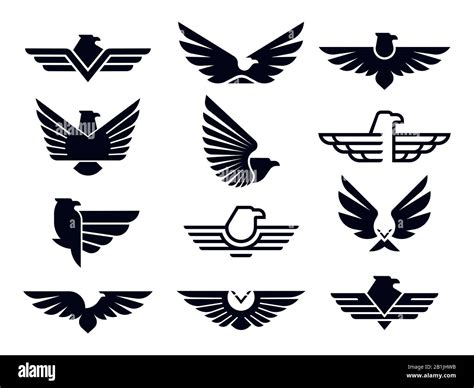 Eagle symbol. Silhouette flying eagles emblem, winged badge and freedom hawk wings stencil ...