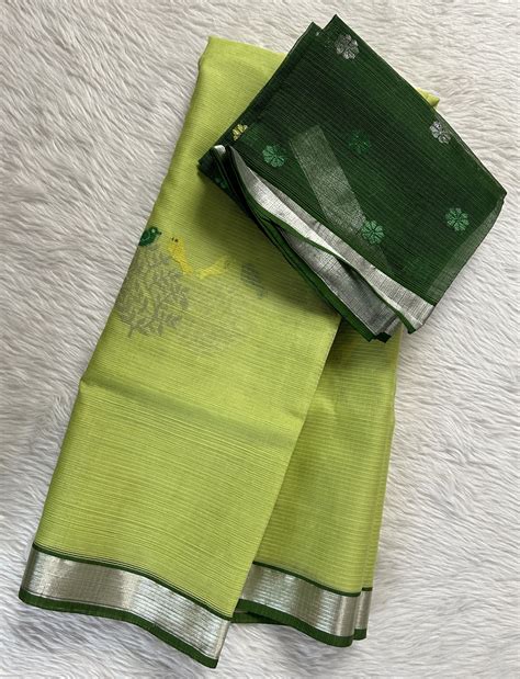 Pure Zarikota Saree Yellow Green Color with a Silver Zari border ...