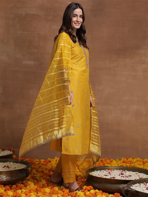 Indo Era Yellow Embroidered Straight Kurta Trousers With Dupatta Set ...