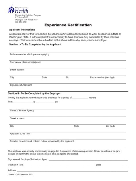 Fillable Online doh wa Dispensing Optician License Experience ...
