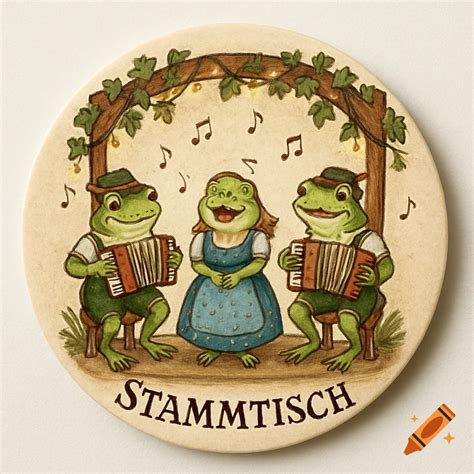Three happy cartoon frogs in German Lederhosen and Dirndl play ...