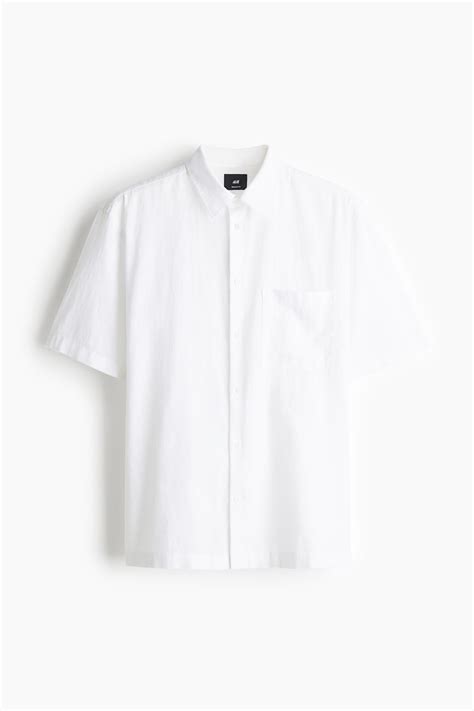 Regular Fit Short-sleeved linen-blend shirt - White - Men | H&M IN