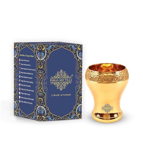 Buy INDIAN ART VILLA Pure Brass Glass Tumbler with Floral Top Nosing ...