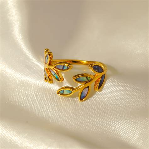 Unique Gold Leaf Motif Open Ring with Shimmering Hues JLTR0481