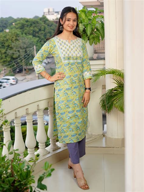 Yellow-Green Floral Block Printed COTTON Kurta – BaSaKa