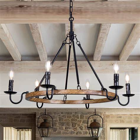 Wellmet Rustic Wagon Wheel Chandelier, Farmhouse Wood Painted Black ...