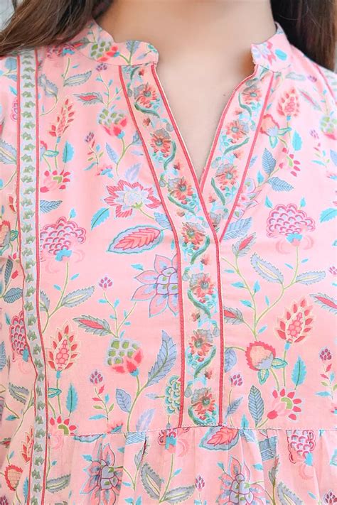 Pink Print Mandarin Collar Empire Pure Cotton Longline Top – Gulab ...
