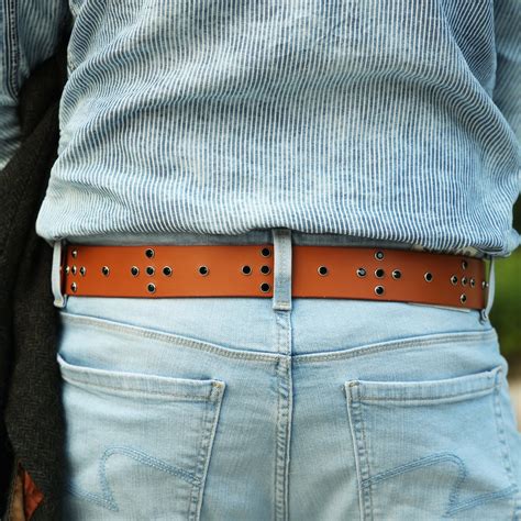Men’s Tan Leather Belt with Antique Brass Buckle & Black Metal Studs ...
