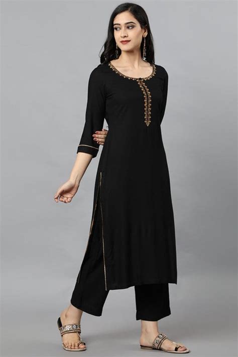 Women's Black Jehlum Kurta Pants Set in Rayon Kurti Embroidery | Rang ...