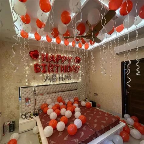 Romantic Room Decoration with Red and White Balloons and Fairy Lights ...
