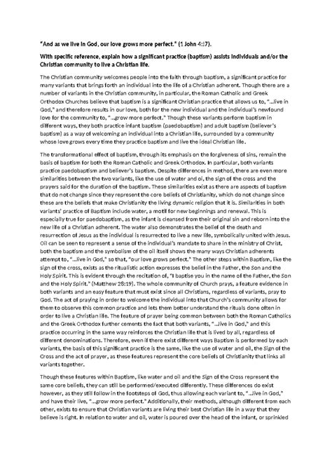 18 out of 20 Baptism practice essay - “And as we live in God, our love ...