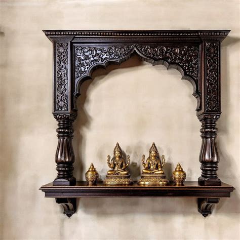 Hand-Carved Dark Wood Archway Pooja Shelf - Indian Temple Wall Mount ...