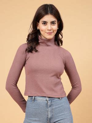 Buy RIGO Women Mauve High Neck Full Sleeves Rib Cropped Top Online