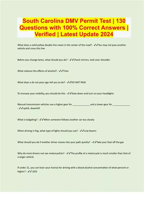South Carolina DMV Permit Test | 130 Questions with 100% Correct ...