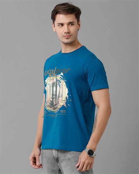Classic Polo Men's Cotton Half Sleeve Printed Slim Fit Round Neck Blue