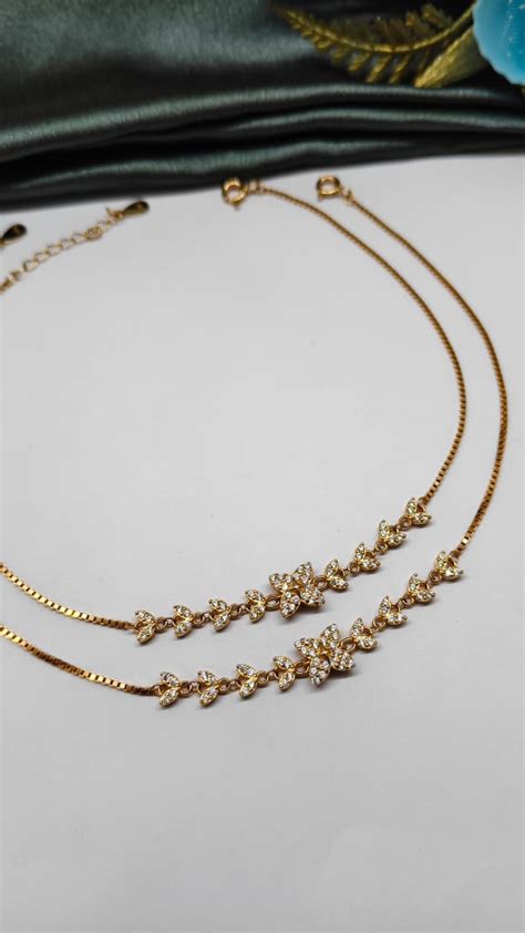 925 Silver Rose Gold Colour Butterfly Design With White Stone Anklets ...