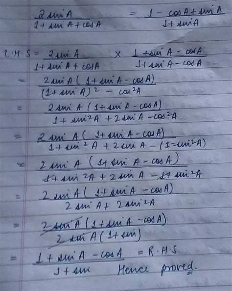 2sinA/1+cosA+sinA = 1-cosA+sinA/1+sinA - Brainly.in