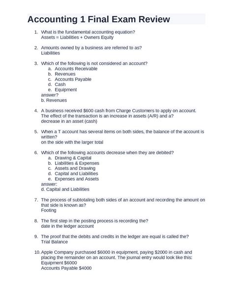Accounting 1 Final Exam Review | Exams Accounting | Docsity