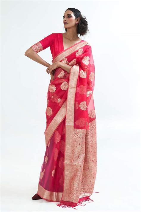 Buy Cardinal Red Organza Silk Saree Online - MySilkLove