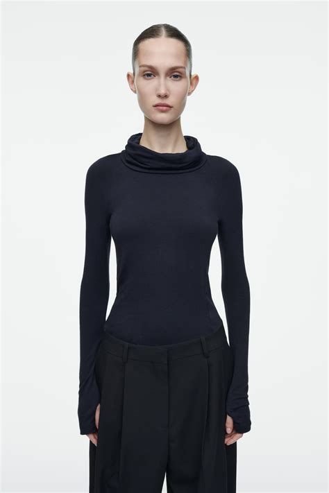 FUNNEL-NECK JERSEY TOP - DARK BLUE - Ladies | H&M GB