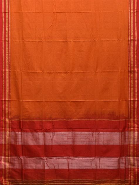 Orange and Red ilkal Cotton Handloom Plain Saree with Strips Pallu Des ...