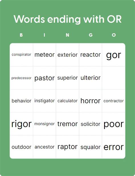 Words Ending With OR - Bingo Card Creator