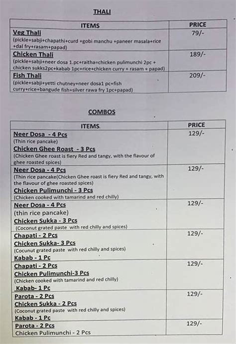 Menu at Karavali Hotel, Bengaluru