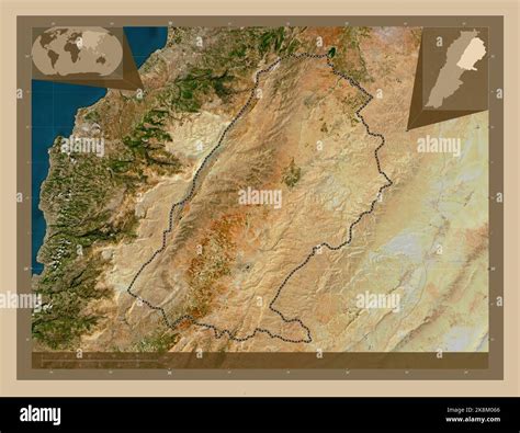 Baalbek-Hermel, governorate of Lebanon. Low resolution satellite map. Locations of major cities ...