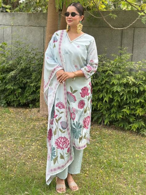VP 9818 SKY Pastel Lotus Bloom Silk Blend Digital Print Kurta Set ...