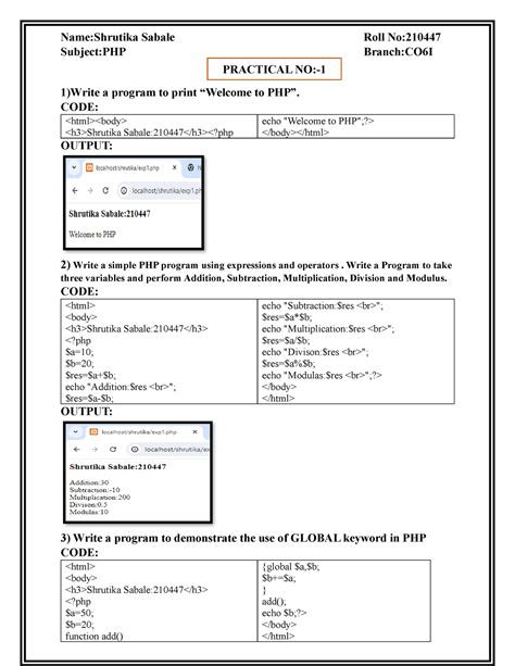 PHP 1 - Name:Shrutika Sabale Roll No: Subject:PHP Branch:CO6I 1)Write a ...