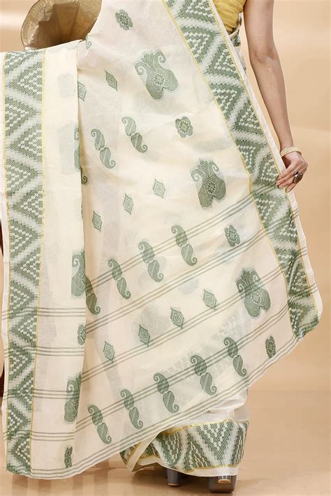 White Green Pure Cotton Gargi Tant Saree (911) | PuJoy Fashion