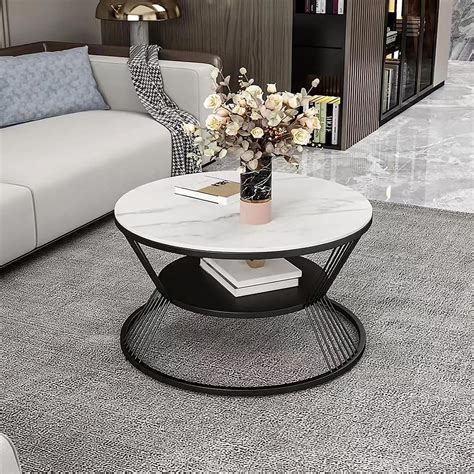 CROWN ART SHOPPEE Double-Layer Marble Look Coffee Table, Round Metallic ...