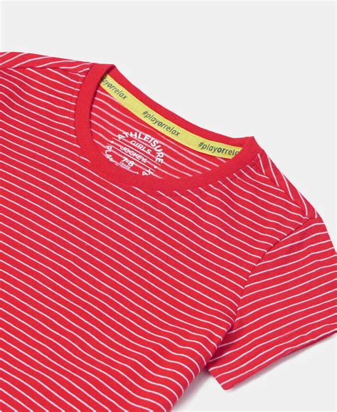Buy Girl's Super Combed Cotton Striped Short Sleeve T-Shirt - Rio Red ...
