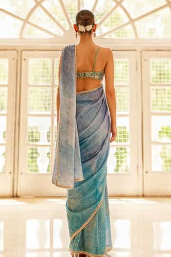 Buy Blue Georgette, Tulle Beads Sweetheart Neck Hand Embroidered Saree ...