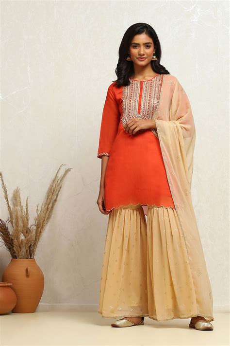 Buy Orange Embroidered Festive Straight Suit Set Online at Biba Global