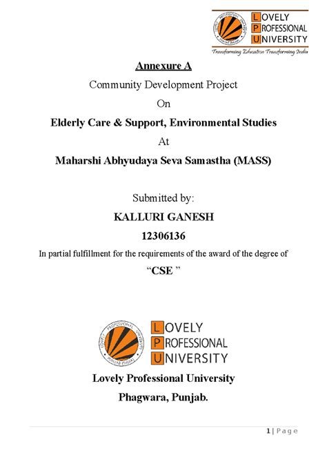My Report - goood - Annexure A Community Development Project On Elderly ...