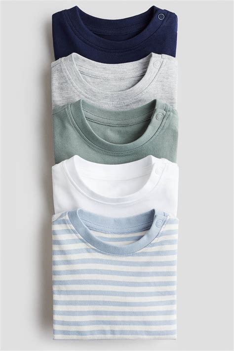 5-pack cotton T-shirts - Light blue/Dusty green striped - Kids | H&M IN