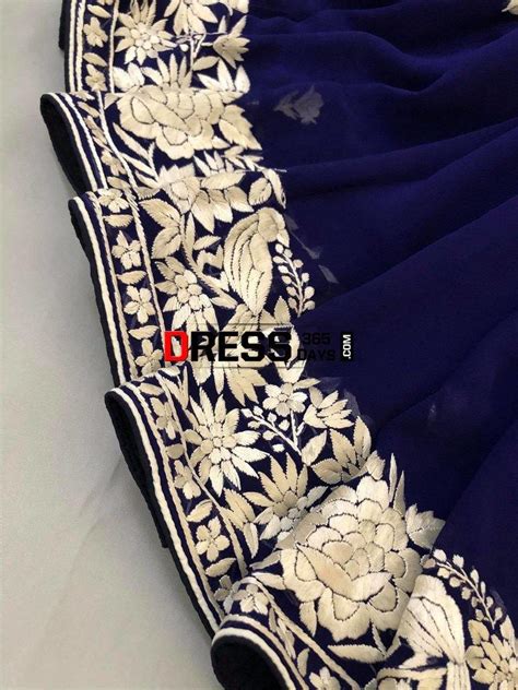 Pre-Order Navy-Ivory Hand Embroidered Parsi Gara Saree – Dress365days